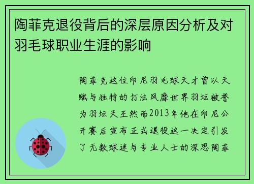陶菲克退役背后的深层原因分析及对羽毛球职业生涯的影响 陶菲克退役背后的深层原因分析及对羽毛球职业生涯的影响